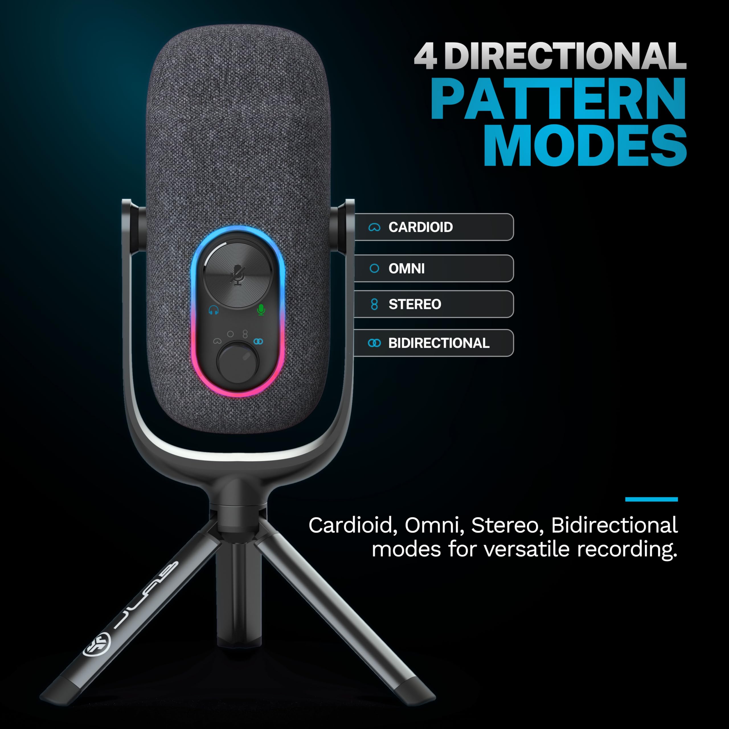 JLab Epic Talk USB Gaming Streaming Microphone, White, USB-C Output, Cardioid, Omni, Stereo, Bi-Directional, 192k Sample Rate, Volume Control, Gain Control, and Quick Mute, 3.5mm AUX, Plug and Play - Image 3