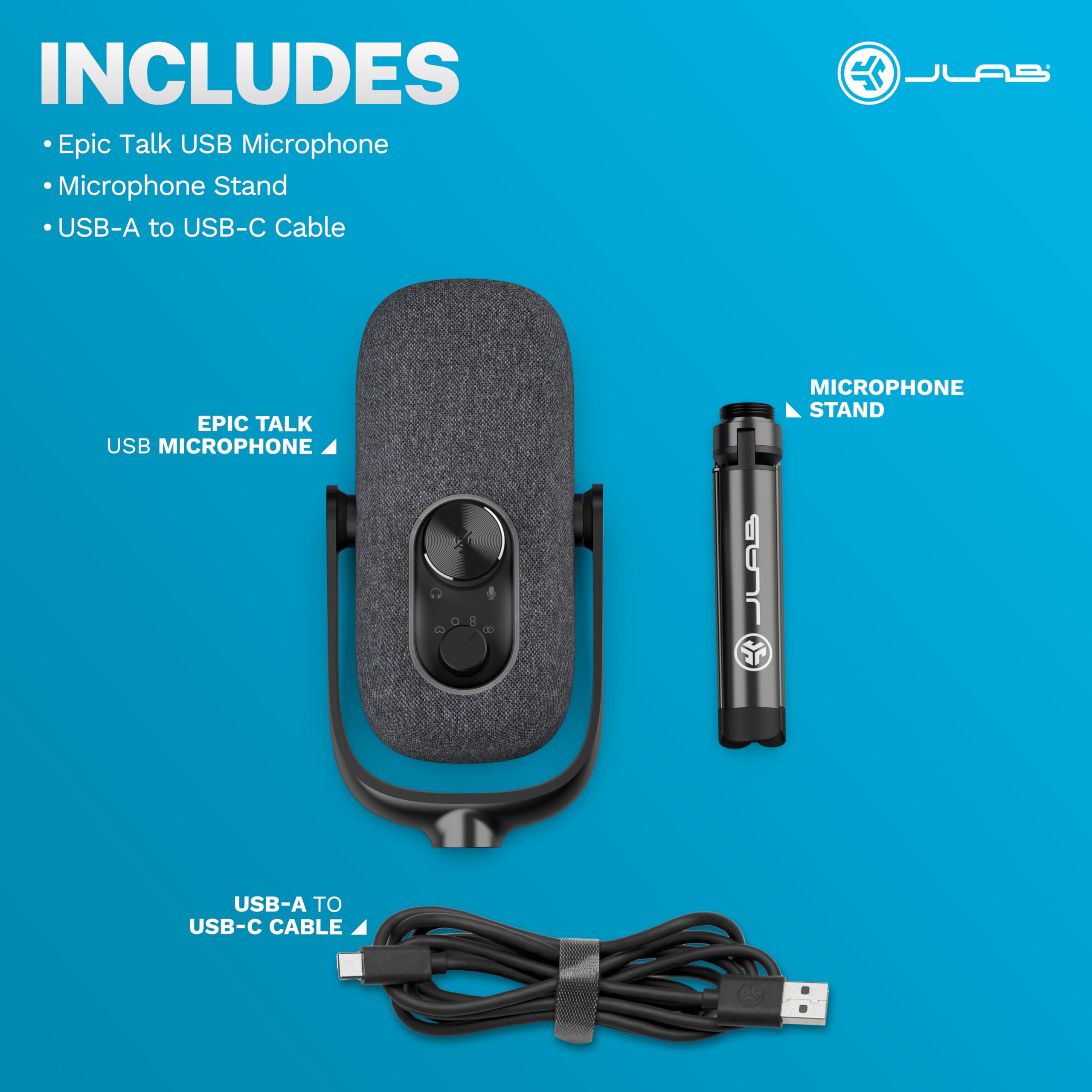 JLab Epic Talk USB Gaming Streaming Microphone, White, USB-C Output, Cardioid, Omni, Stereo, Bi-Directional, 192k Sample Rate, Volume Control, Gain Control, and Quick Mute, 3.5mm AUX, Plug and Play - Image 7