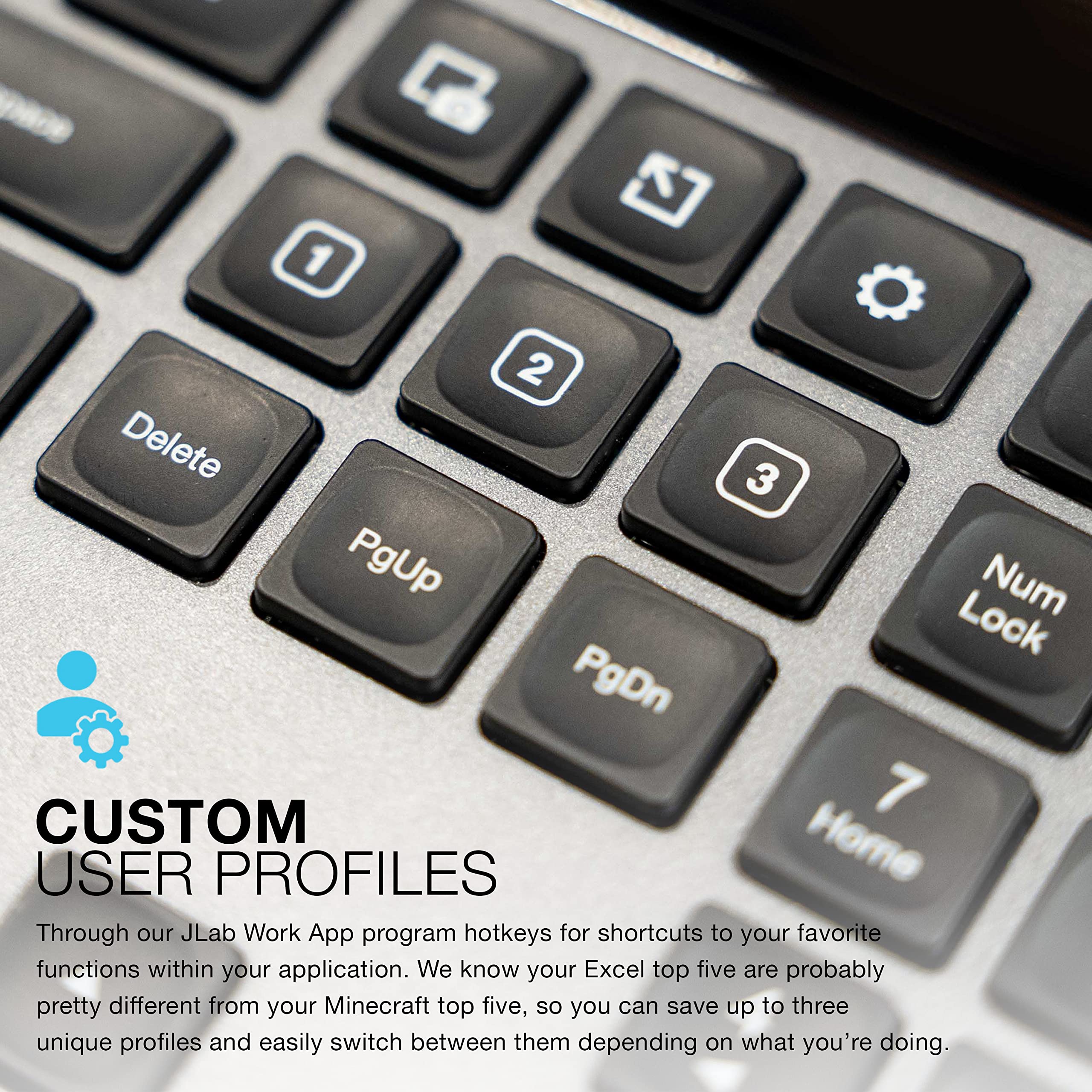 JLab Epic Wireless Keyboard, Black, 108 Keys, Connect Via Bluetooth or USB Wireless Dongle, Multi-Device Toggle, Soft Touch Keys, Smart Media Knob, Custom User Profiles, Rechargeable (1 Pack) - Image 4