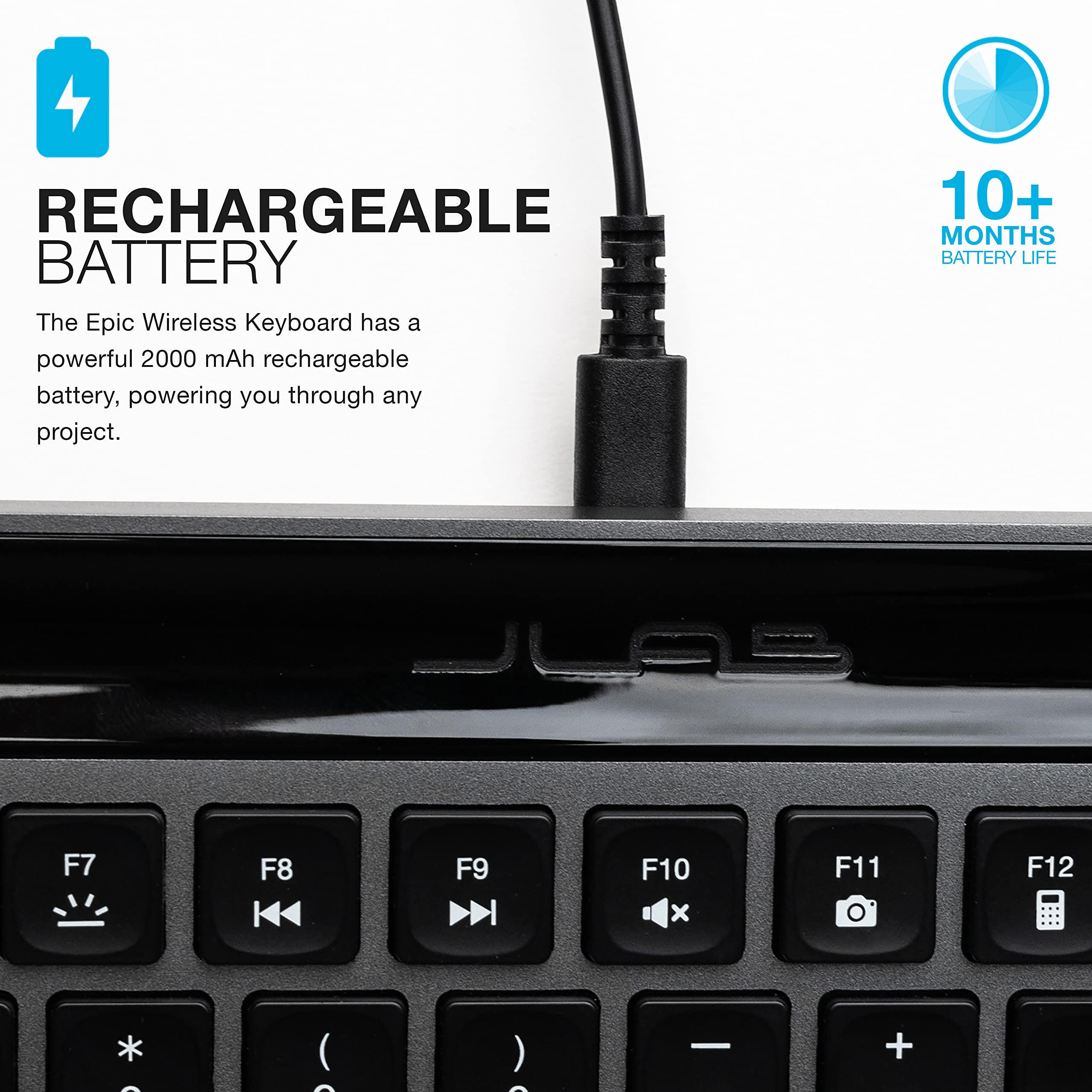 JLab Epic Wireless Keyboard, Black, 108 Keys, Connect Via Bluetooth or USB Wireless Dongle, Multi-Device Toggle, Soft Touch Keys, Smart Media Knob, Custom User Profiles, Rechargeable (1 Pack) - Image 8