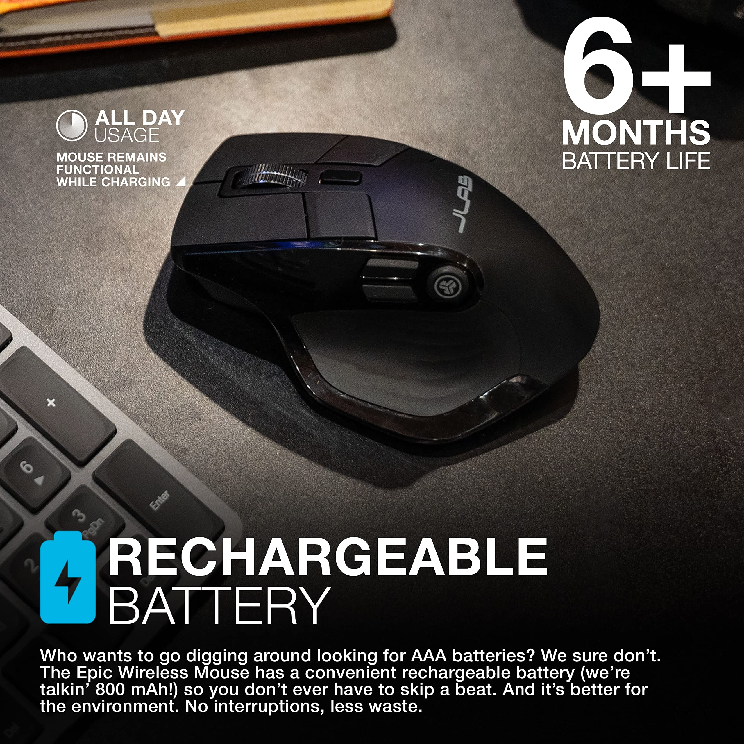 JLab Epic Wireless Mouse, Connect Via Bluetooth or USB Wireless Dongle, Multi-Device Toggle, Up to 3 Devices, OLED Display, Custom User Profiles, Adjustable Tracking, Full-Size, (1 Pack) - Image 6