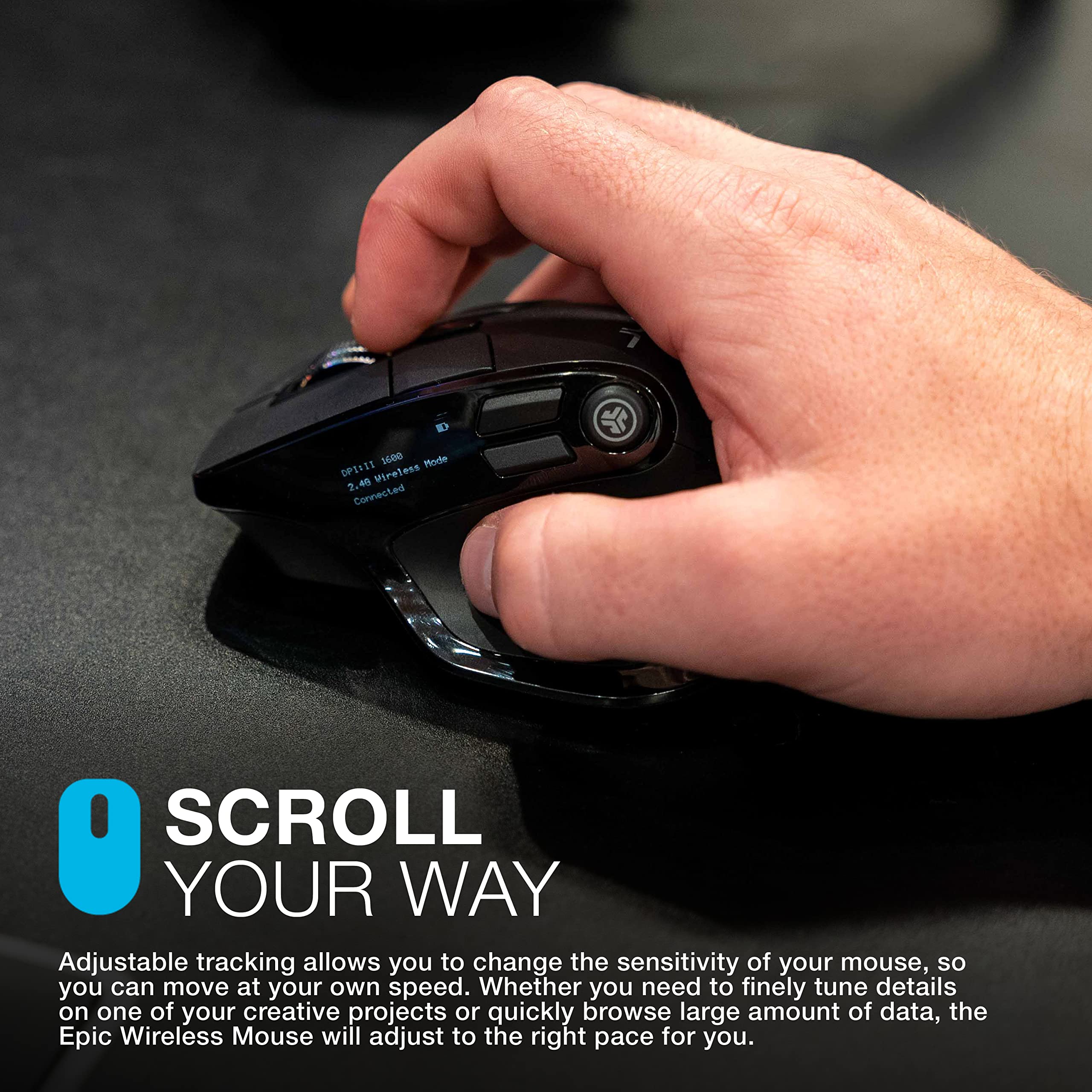 JLab Epic Wireless Mouse, Connect Via Bluetooth or USB Wireless Dongle, Multi-Device Toggle, Up to 3 Devices, OLED Display, Custom User Profiles, Adjustable Tracking, Full-Size, (1 Pack) - Image 3