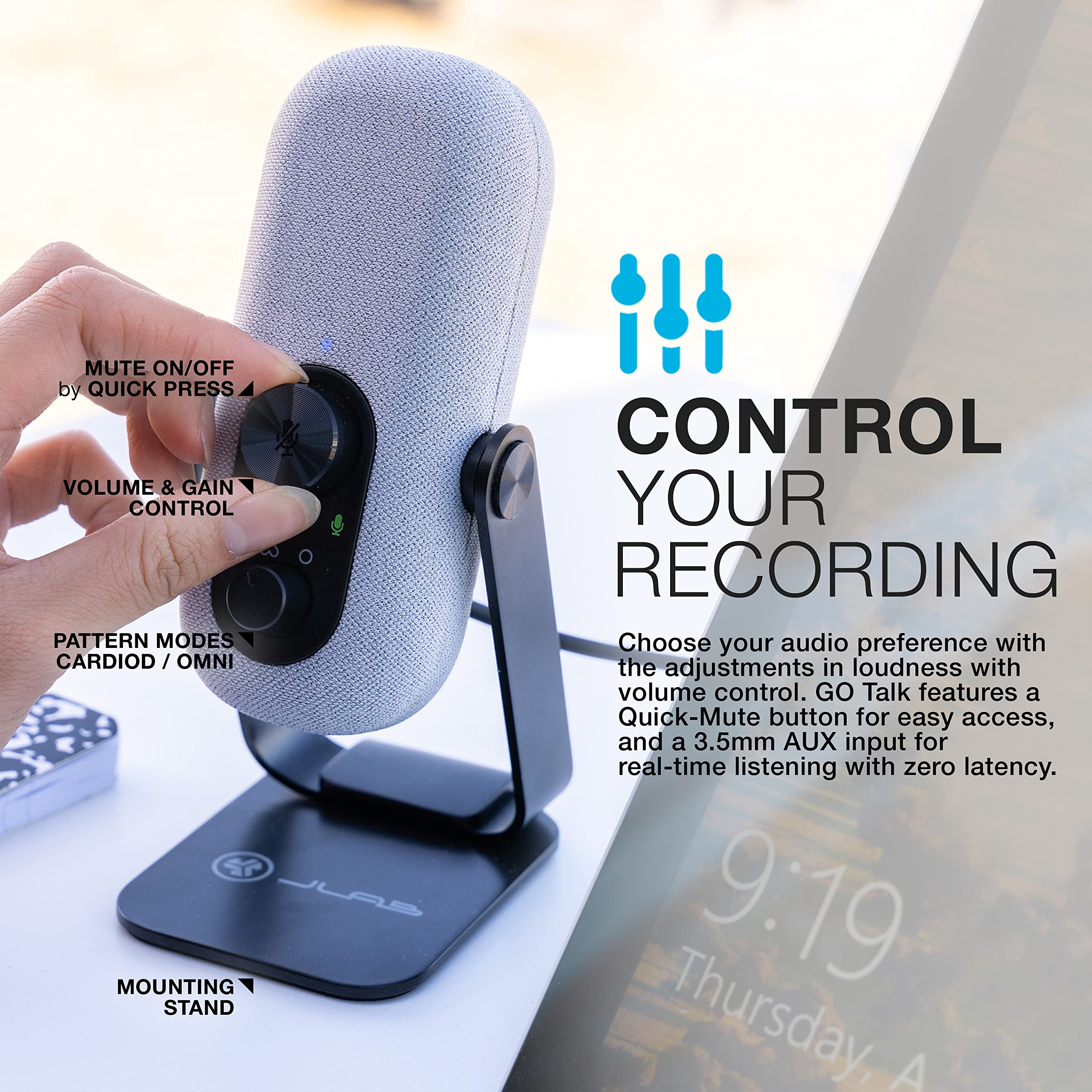 JLab Go Talk USB Gaming Streaming Microphone, White, USB-C Output, Cardioid, Omnidirectional, 96k Sample Rate, 20Hz, 20kHz Frequency Response, Volume Control and Quick Mute, 3.5mm AUX, Plug and Play - Image 4