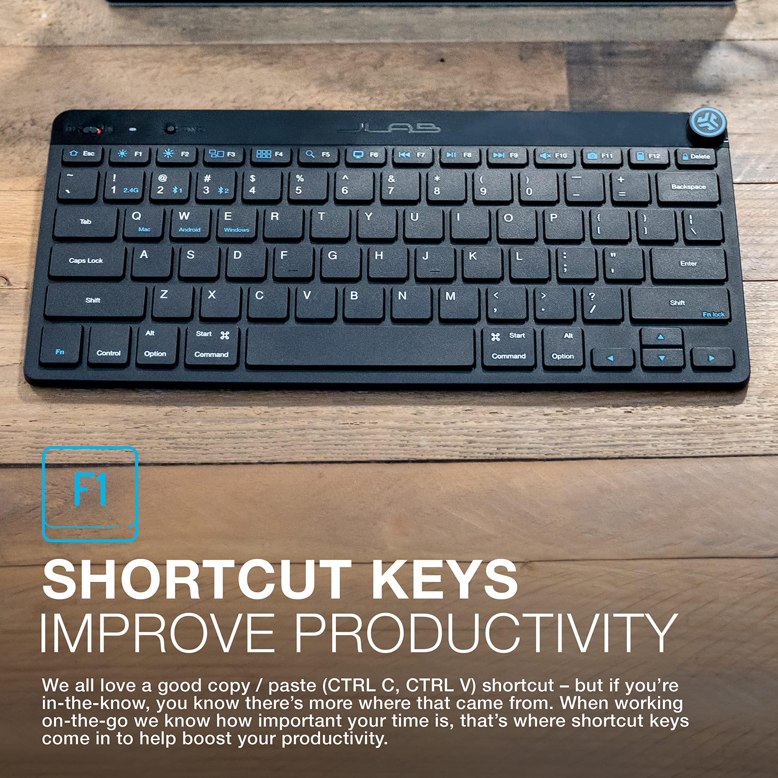 JLab Go Wireless Keyboard, Black, Connect Via Bluetooth or USB Wireless Dongle, Multi-Device Ultra-Compact for a Minimalist or Portable Set-Up (1 Pack) - Image 5