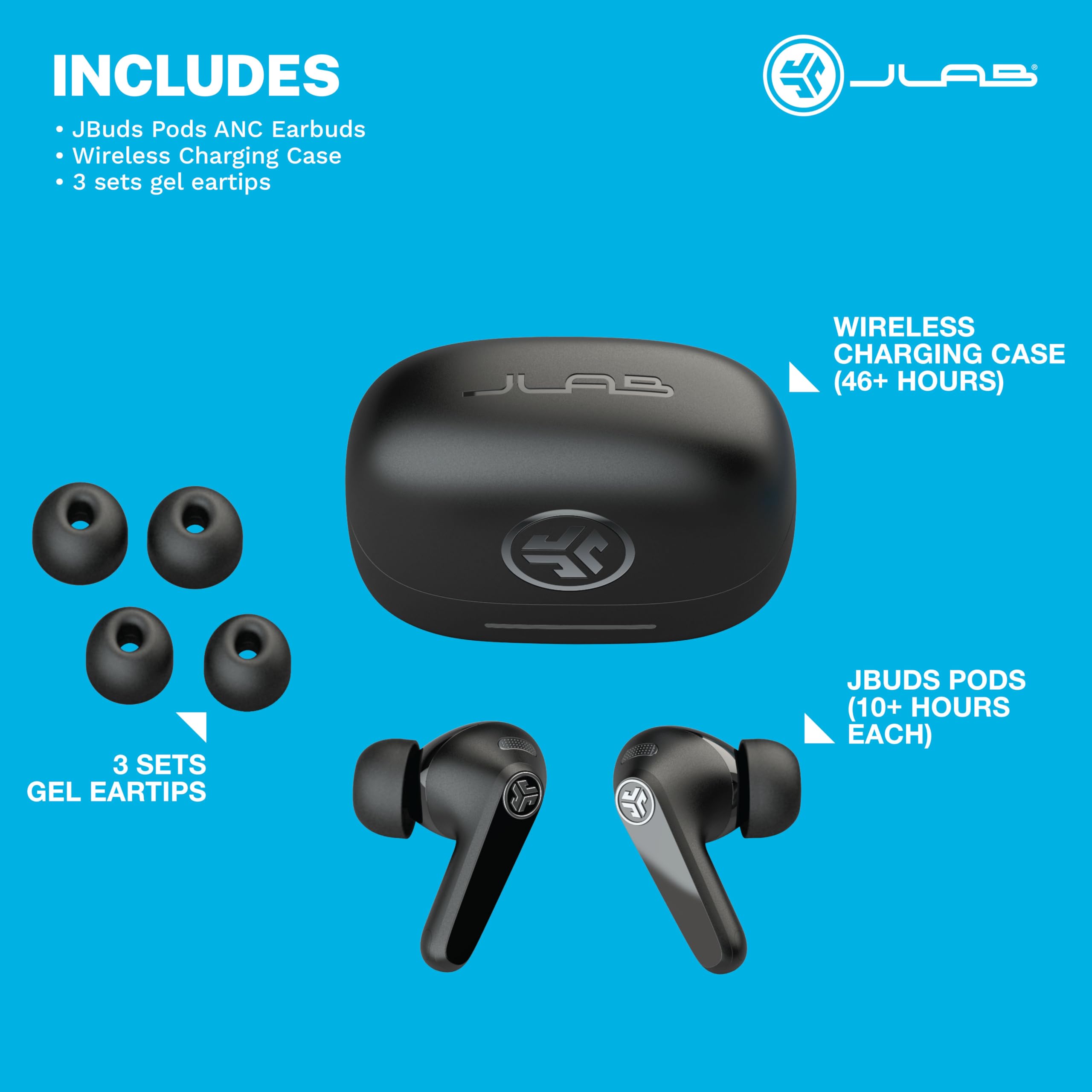 JLab JBuds Pods ANC True Wireless Bluetooth Earbuds, Hybrid Active Noise Canceling, 56+ Hours Playtime, Clear calls, Custom Sound via App, Wireless Charging, Bluetooth Multipoint, Be Aware Mode, Black - Image 5