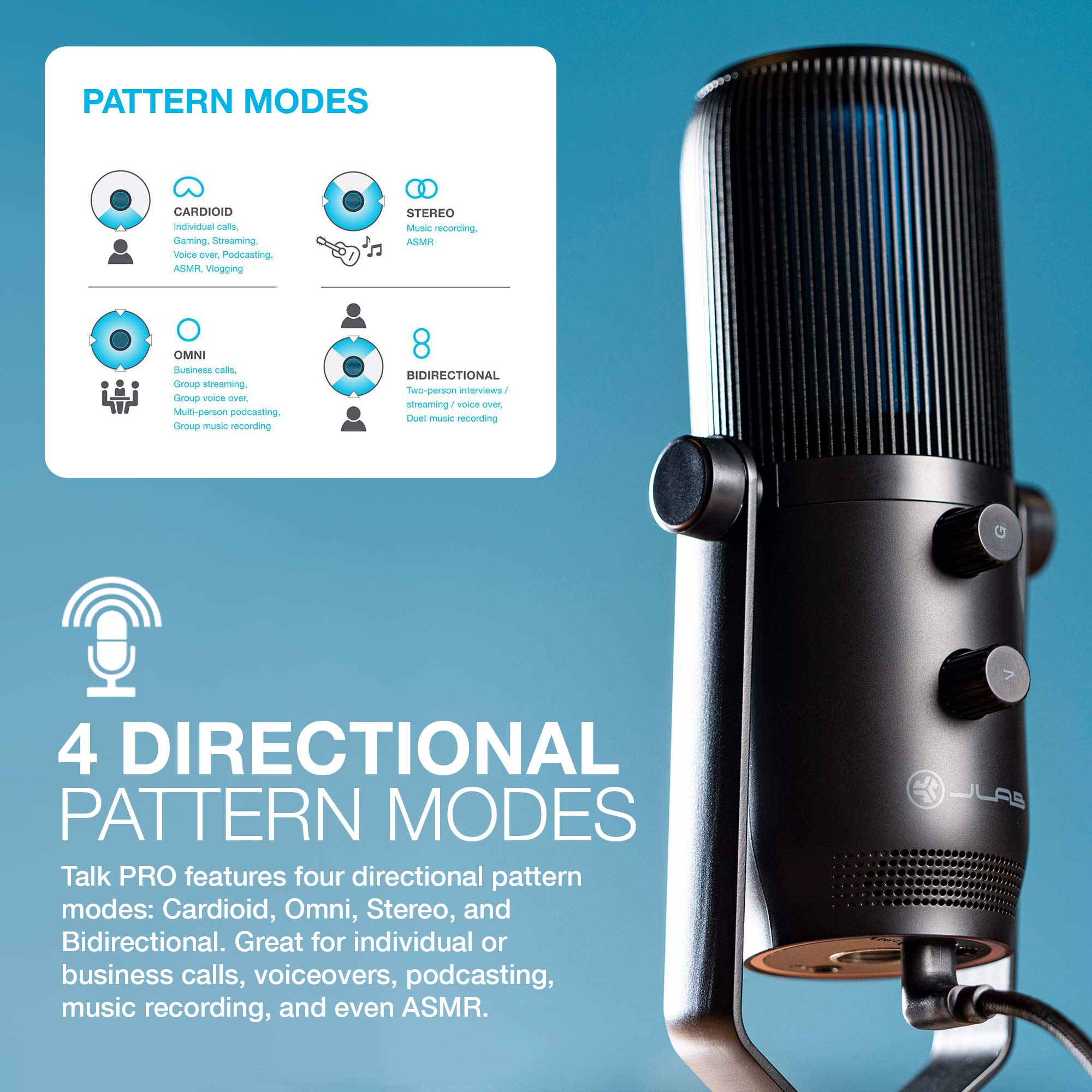 JLab Talk Pro USB Microphone, USB-C Output, Cardioid, Omnidirectional, Stereo, Bidirectional, 192k Sample Rate, 20Hz-20kHz Frequency Response, Volume, Gain Control, Quick Mute, Plug & Play - Image 4