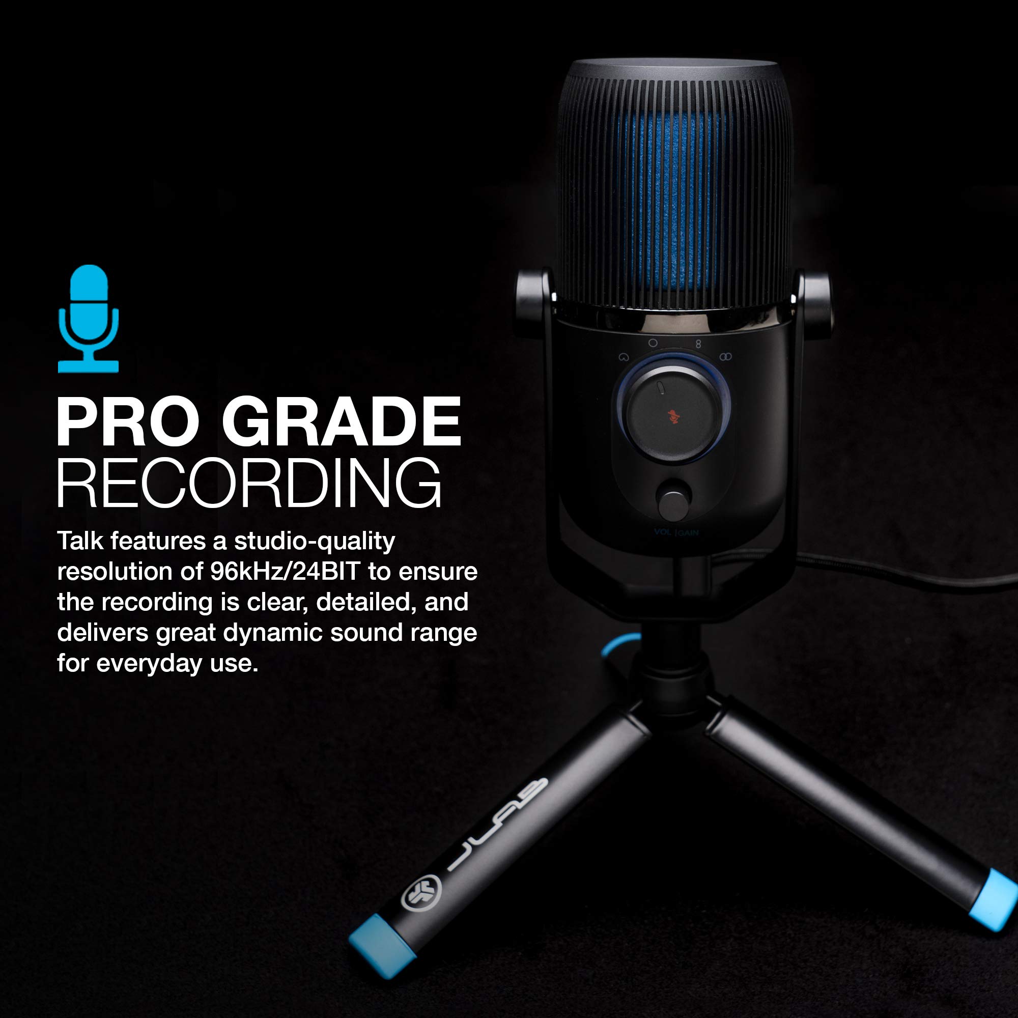 JLab Talk USB Microphone, USB-C Output, Cardioid, Omnidirectional, Stereo or Bidirectional, 96k Sample Rate, 20Hz, 20kHz Frequency Response, Volume, Gain Control, Quick Mute, Plug & Play - Image 3