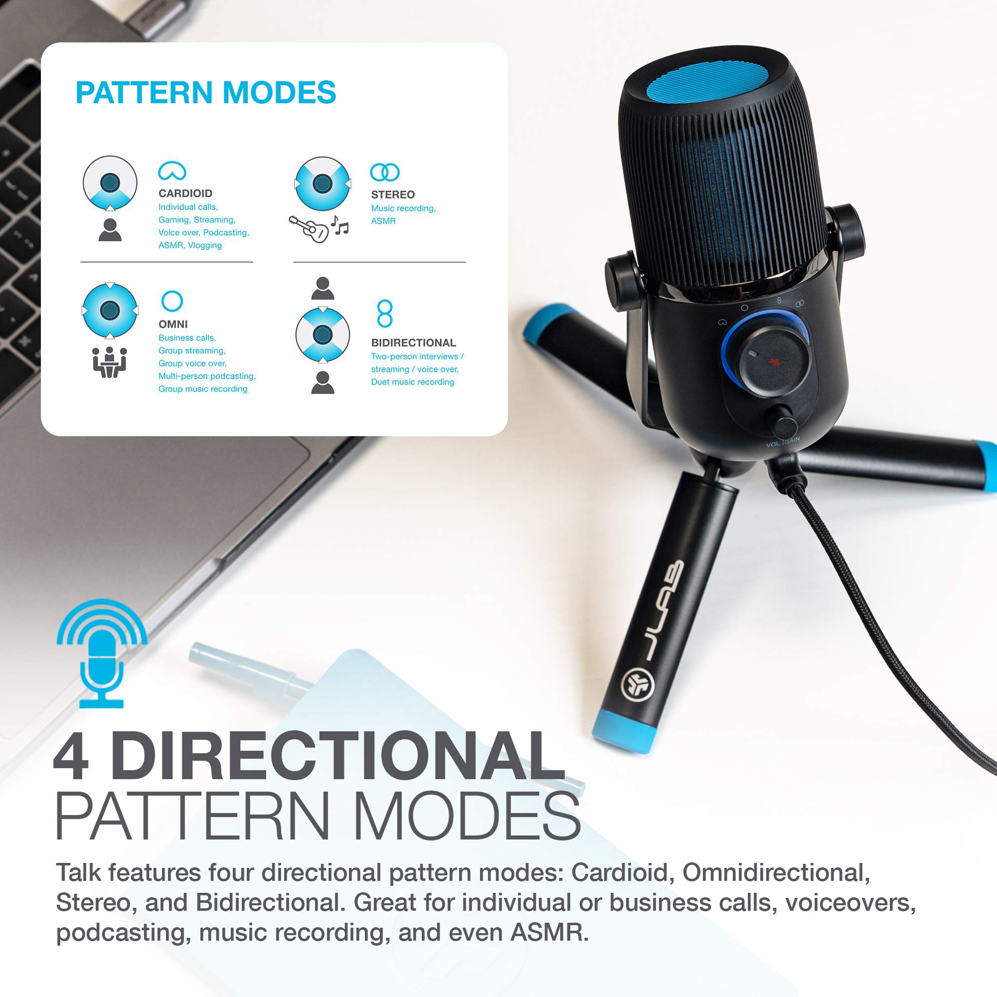 JLab Talk USB Microphone, USB-C Output, Cardioid, Omnidirectional, Stereo or Bidirectional, 96k Sample Rate, 20Hz, 20kHz Frequency Response, Volume, Gain Control, Quick Mute, Plug & Play - Image 4