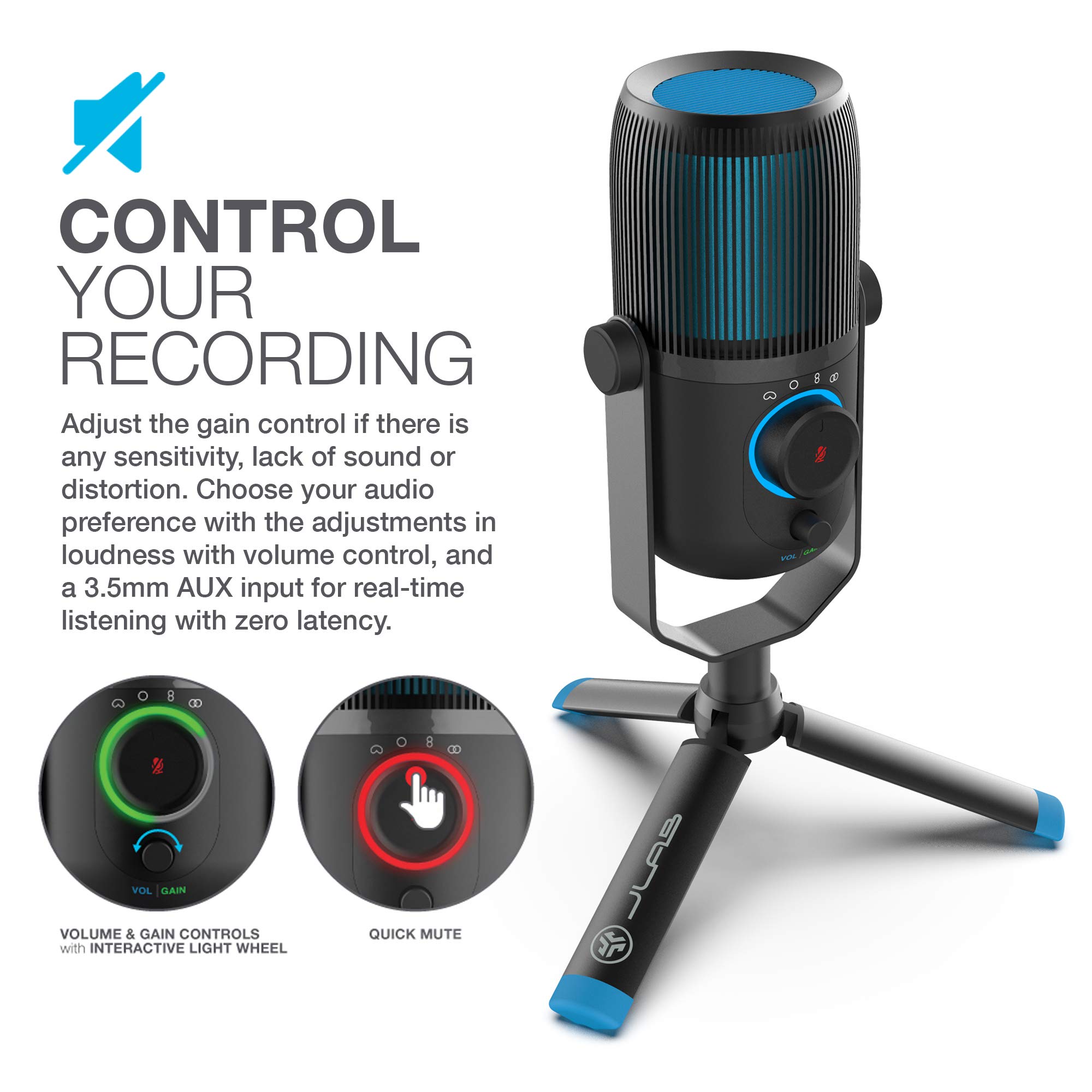 JLab Talk USB Microphone, USB-C Output, Cardioid, Omnidirectional, Stereo or Bidirectional, 96k Sample Rate, 20Hz, 20kHz Frequency Response, Volume, Gain Control, Quick Mute, Plug & Play - Image 5